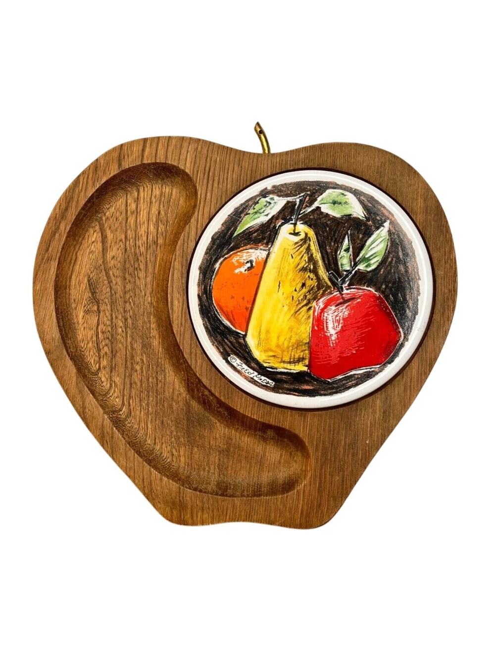 Vintage 70s Wood Cheese Board Server Ceramic Tile Signed Fred Press Sere Fruit